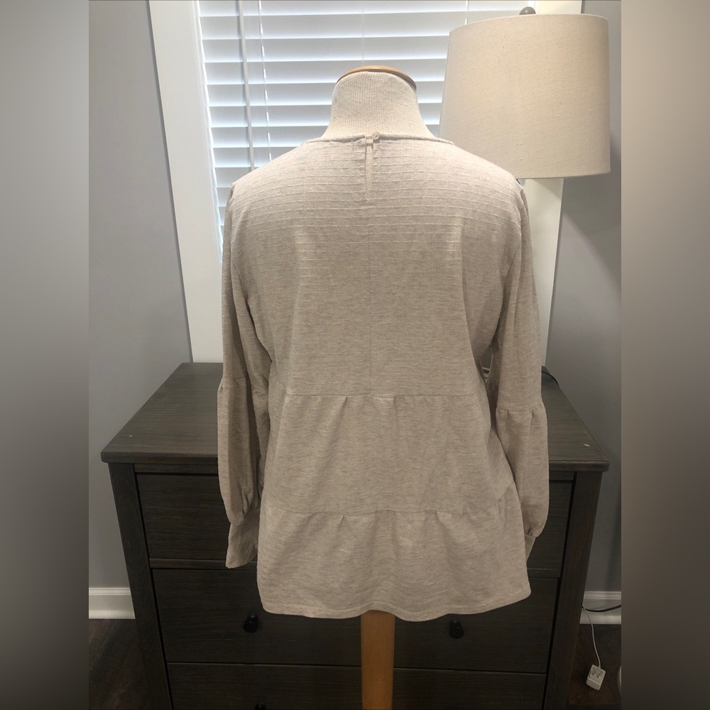 Anthropologie Top in Gray Beige Size L‎ Blue Tassel Windowpane Checkered - Picture 3 of 5